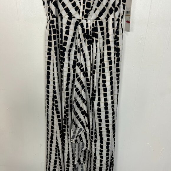 NWT Calvin Klein Maxi Dress Pleated V-Neck Tan White Black Print 12 Large - Picture 5 of 8